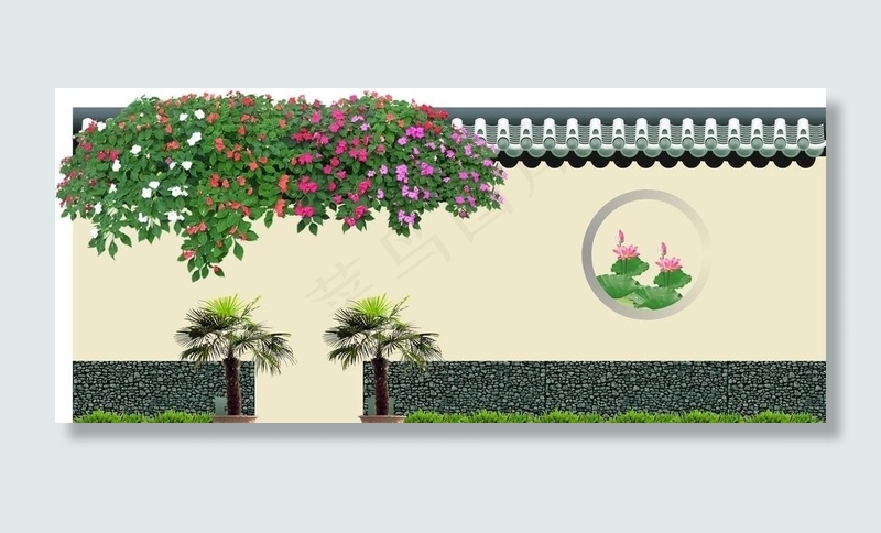 古典 墙 瓦片 绿色 植物 花图片