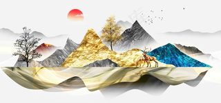 新中式金色山水山峰麋鹿装饰画图片