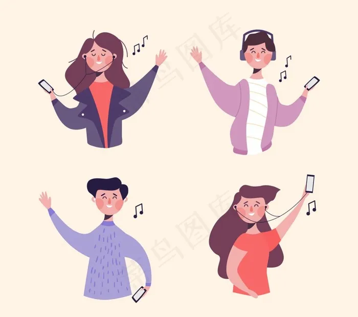 4款创意手机听音乐人物矢量图图片