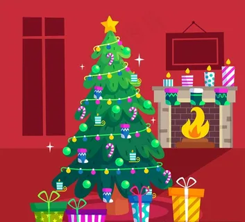 圣诞树和温暖壁炉图片