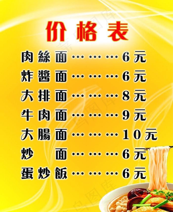面馆价格表图片psd模版下载