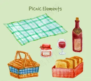 6款水彩绘野餐元素矢量素材图片