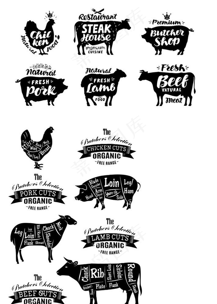 手绘 牛 羊 剪影 猪分割图片