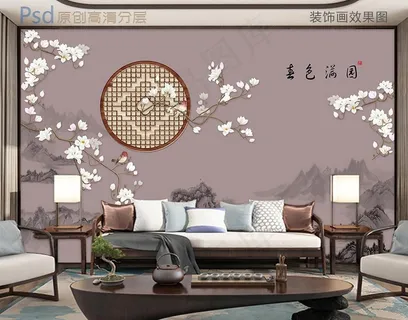 春色满园新中式花鸟背景墙图片