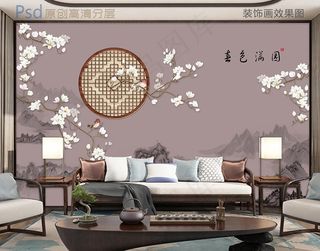 春色满园新中式花鸟背景墙图片