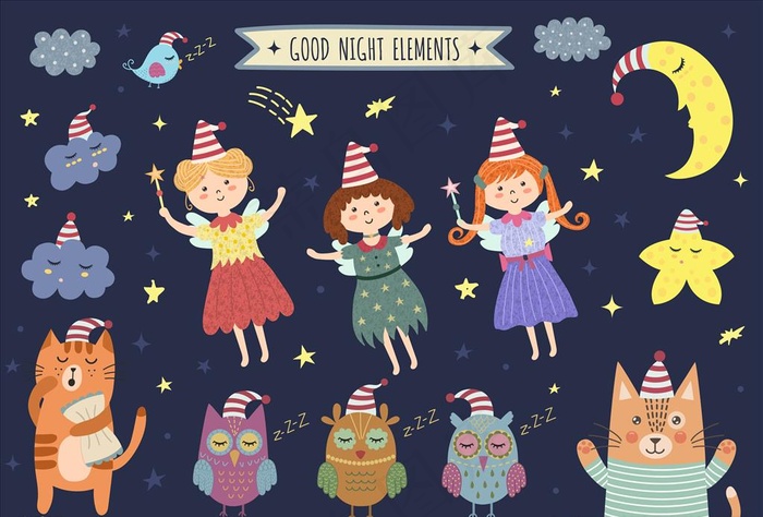 卡通人物动物星空矢量图下载图片