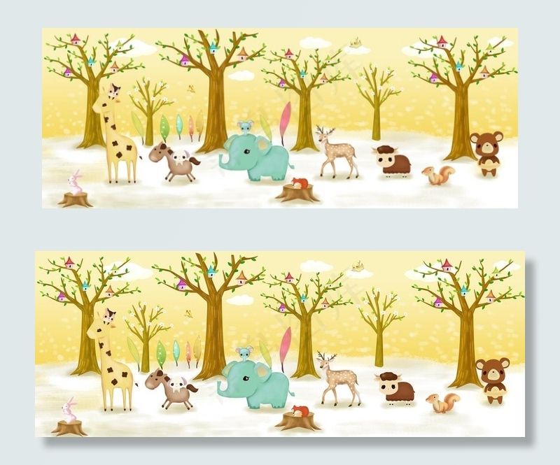树林动物卡通动物 儿童房壁画图片(12094X4967(DPI:96))psd模版下载