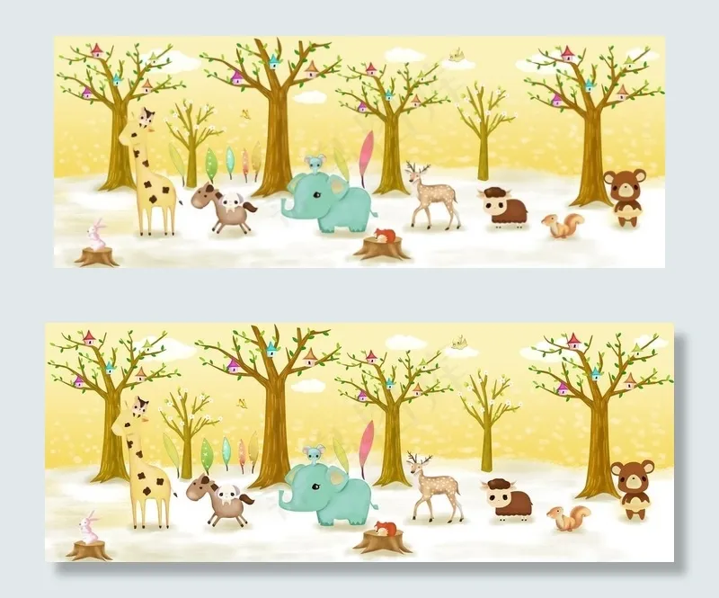 树林动物卡通动物 儿童房壁画图片(12094X4967(DPI:96))psd模版下载