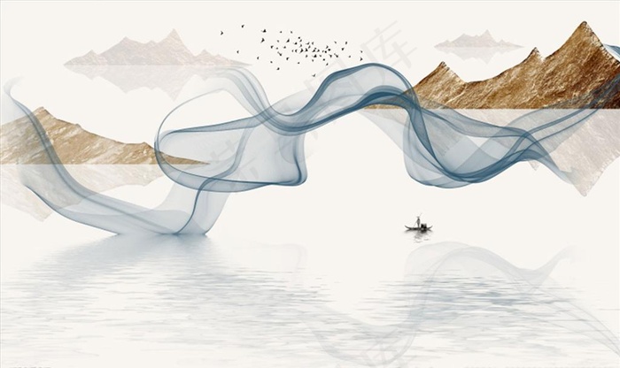 水墨山水 小船 背景墙图片