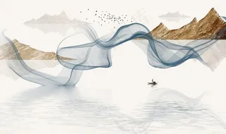 水墨山水 小船 背景墙图片
