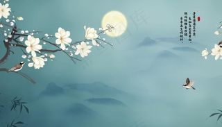 手绘新中式玉兰花鸟背景墙图片