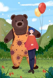 卡通熊和男孩儿童节插画图片