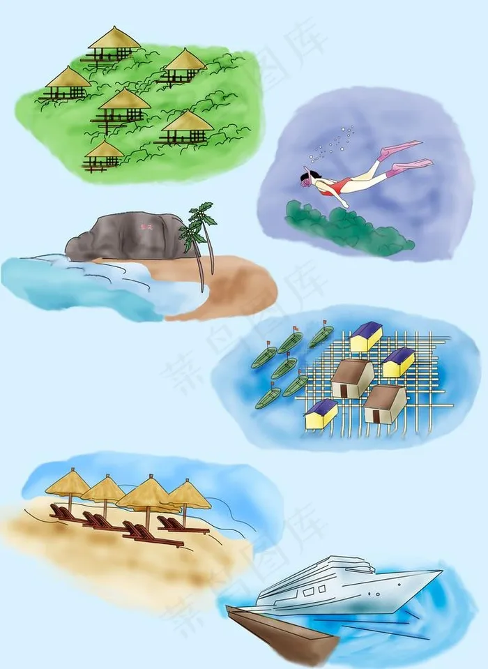 三亚旅游景点手绘图图片(3508X4961(DPI:300))psd模版下载