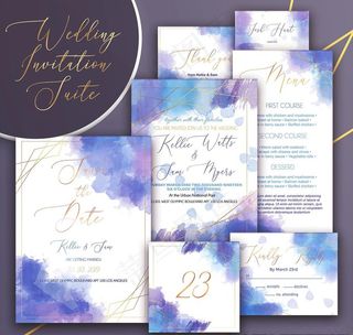 蓝色金线水彩墨迹文艺婚礼邀请函图片