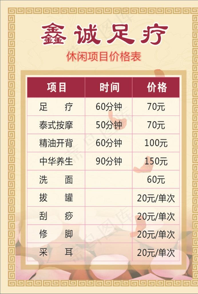 足浴价目表图片