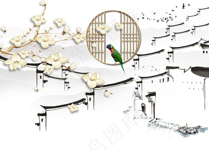 新中式山水花鸟背景墙图片(9071X6803(DPI:72))psd模版下载