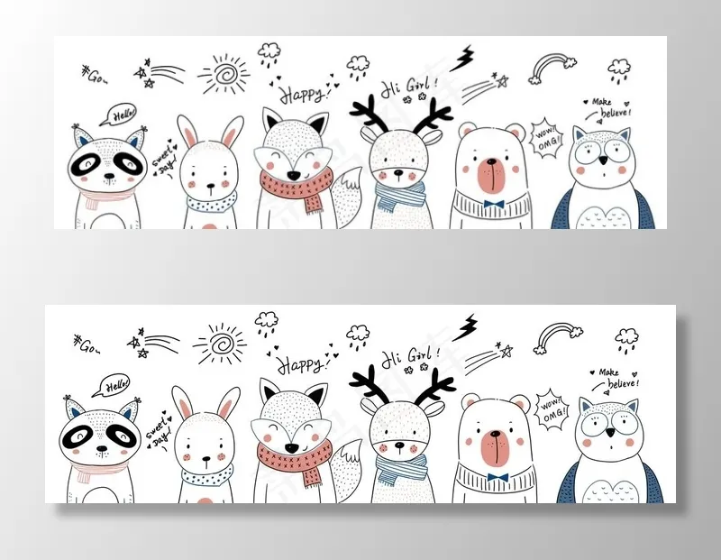 动物插画卡通墙贴可爱背景素材图片(22187X7666(DPI:300))psd模版下载