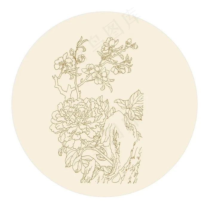 牡丹白描图片ai矢量模版下载