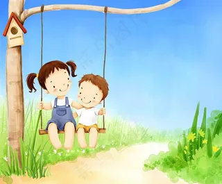 姐弟一起荡秋菜鸟图库片