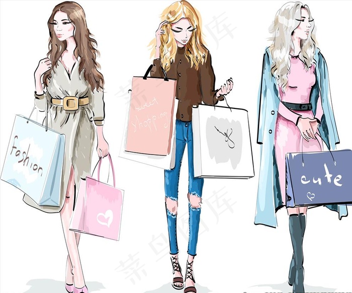 手绘购物女人插画图片ai矢量模版下载