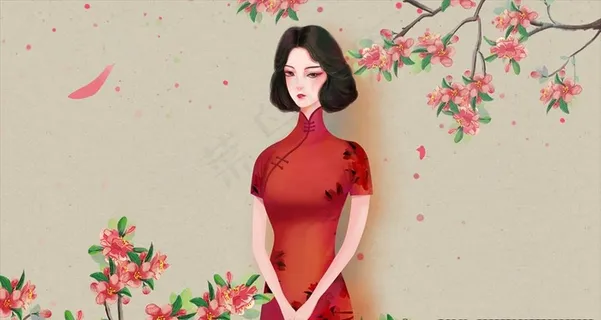 穿旗袍的美女插画图片
