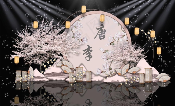 粉色系新中式婚礼迎宾区效果图图片