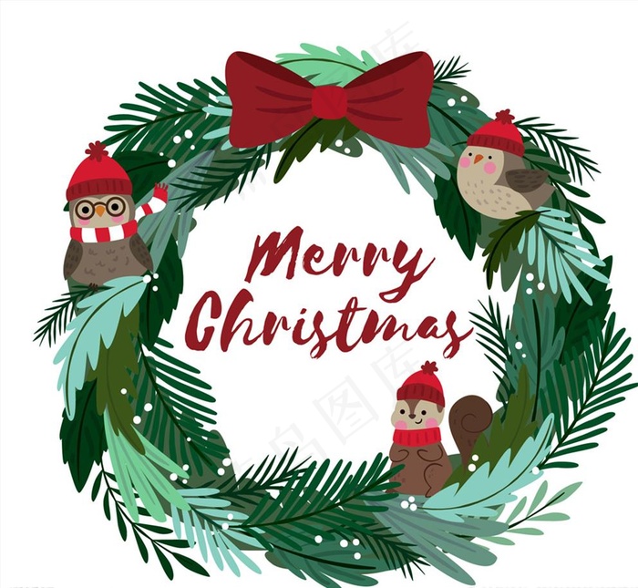 可爱圣诞节花环和动物矢量图图片