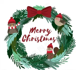 可爱圣诞节花环和动物矢量图图片