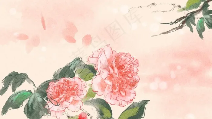 牡丹传统古风国风插画卡通背景图片(4134X2461(DPI:300))psd模版下载