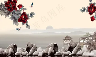 中国风花卉岩石背景设计图片