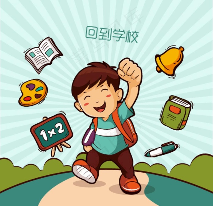 卡通小男孩背着书包去上学背景图图片