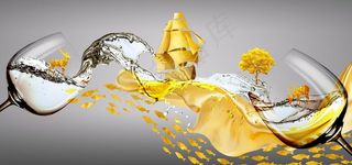 新中式酒杯丝绸飘带帆船装饰画图片