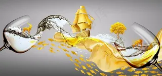 新中式酒杯丝绸飘带帆船装饰画图片