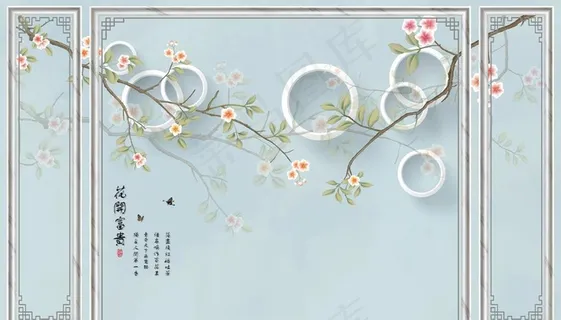 边框花开富贵玉兰圆圈背景墙图片