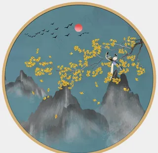 圆形山水画圆形装饰画圆形银杏叶图片