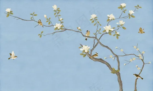 新中式玉兰花开富贵手绘工笔花鸟图片