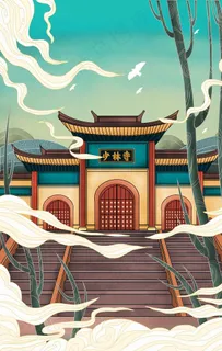 古风建筑手绘插画卡通psd图片