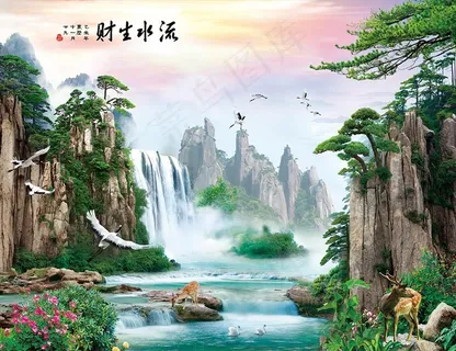 流水生财唯美寓意现实山水背景墙图片 流水生财唯美寓意现实山水背景墙图片