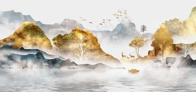 新中式江南金色风景山水装饰画图片