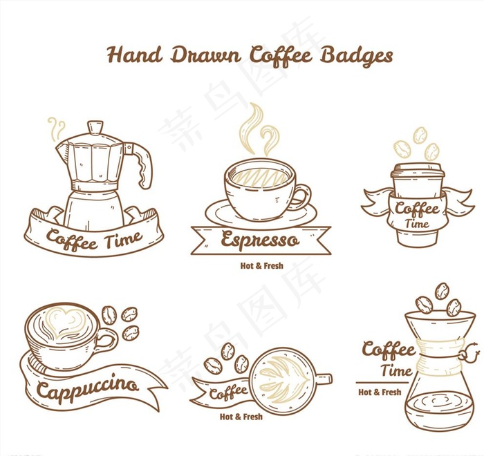6款手绘咖啡元素徽章图片