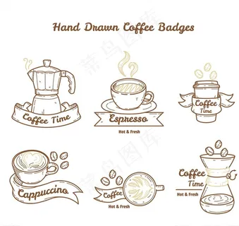 6款手绘咖啡元素徽章图片