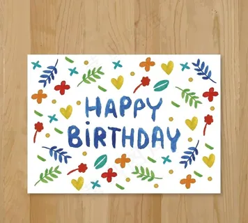 水彩叶和红心生日卡图片