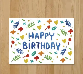 水彩叶和红心生日卡图片