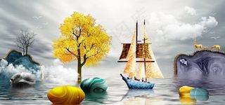 新中式金色帆船麋鹿大海装饰画图片