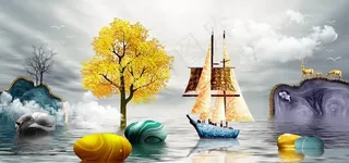 新中式金色帆船麋鹿大海装饰画图片