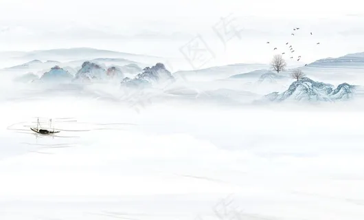新中式意境山水风景船图片