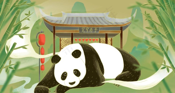 熊猫清新传统国风插画背景图片psd模版下载