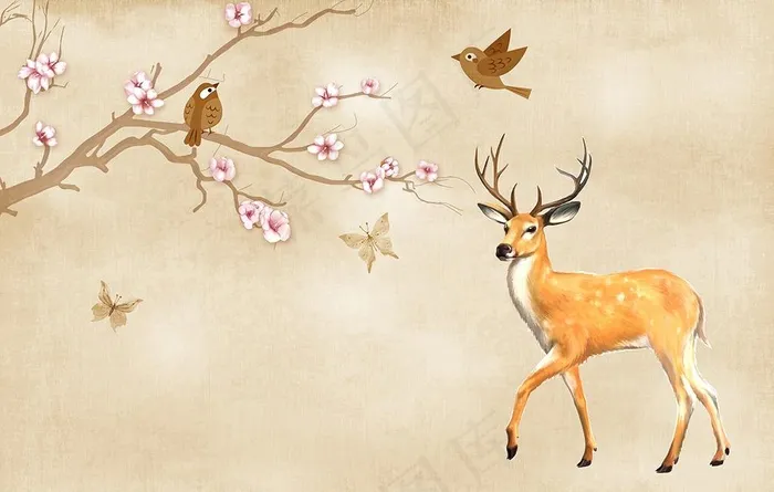 手绘花鸟鹿电视背景墙图片(9449X6299(DPI:80))psd模版下载