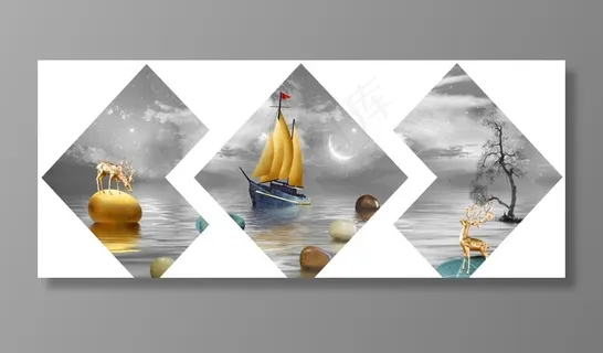 新中式大海帆船天空月亮装饰画图片