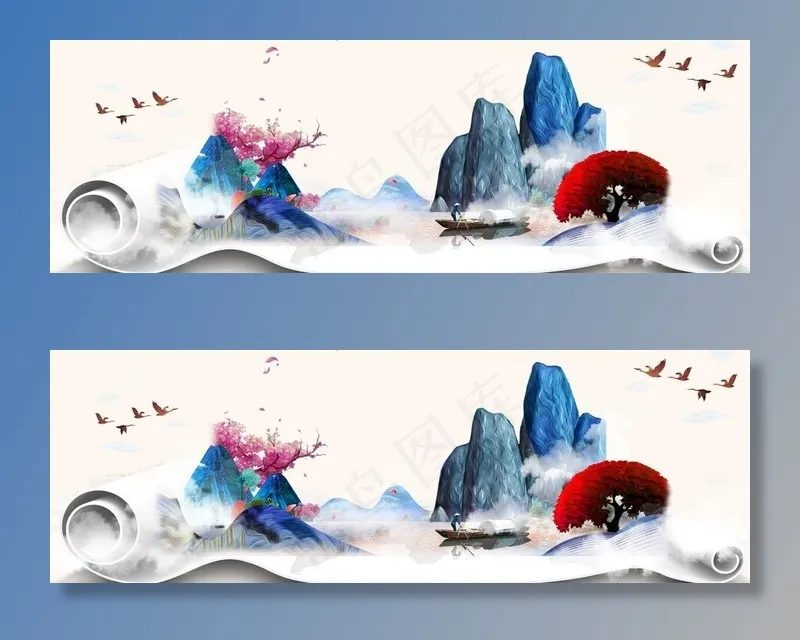水墨画卷轴图片(1920X700(DPI:150))psd模版下载